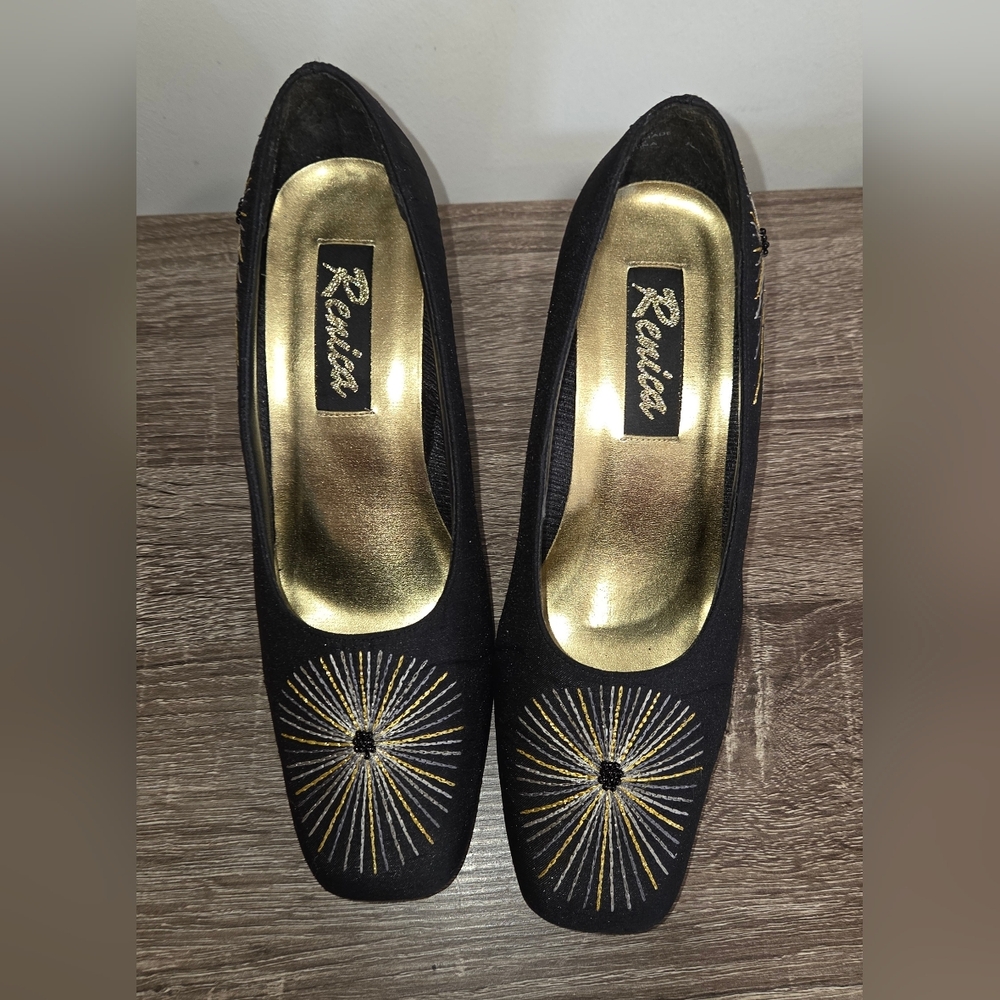 Studio C Womens Black Fabric Heels Starburst Stitching Mid Century Modern 7.5 SE